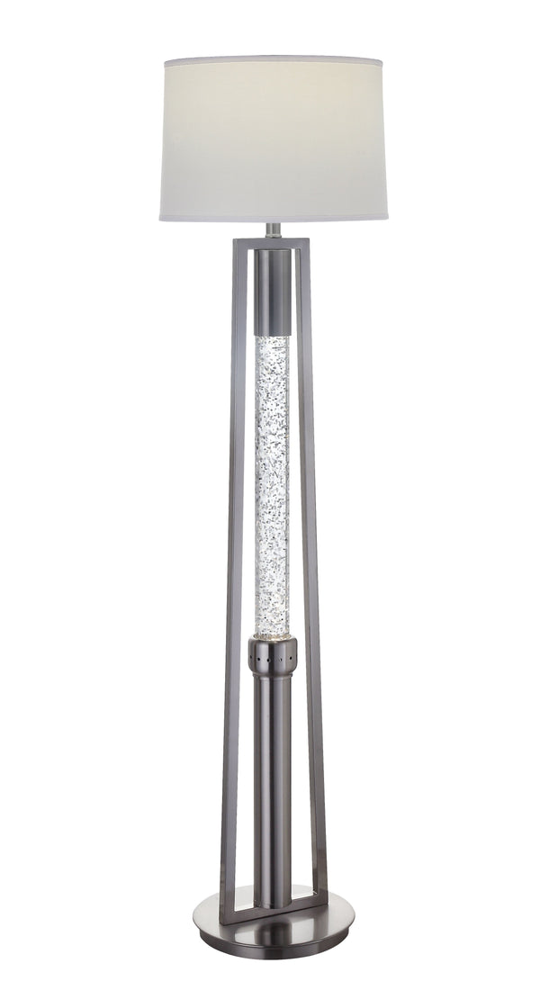 Metal Floor Lamp with Fabric Drum Shade and LED Glass Cylinder, Silver and White-Floor Lamps-Silver and White-Metal, Glass and Fabric-JadeMoghul Inc.