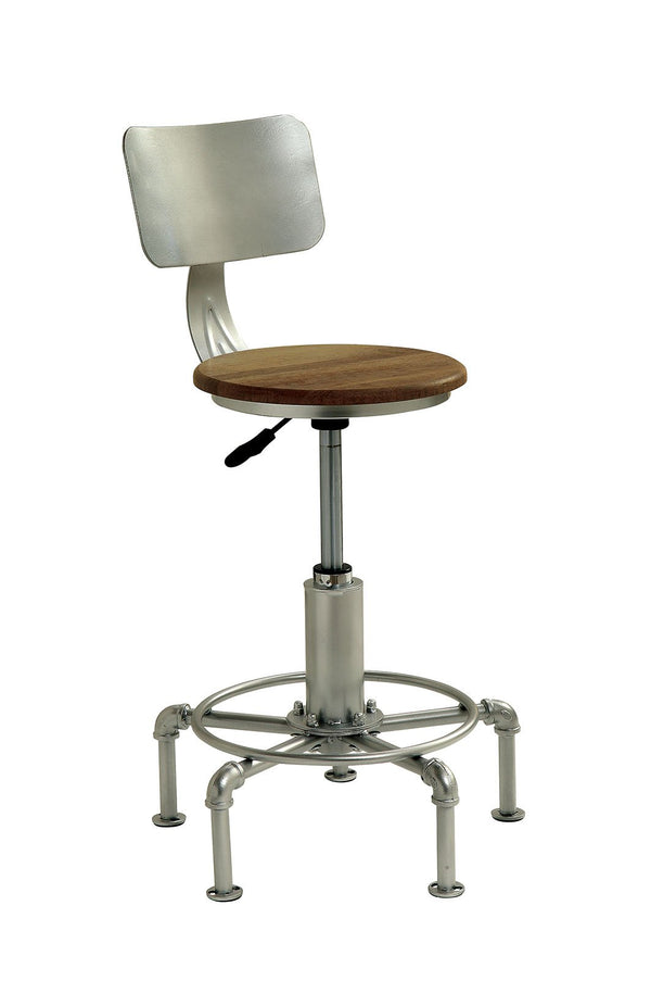 Metal Frame Adjustable Side Chair with Round Wooden Seat, Silver and Brown-ACCENT STOOLS-Silver and Brown-Metal and Wood-JadeMoghul Inc.