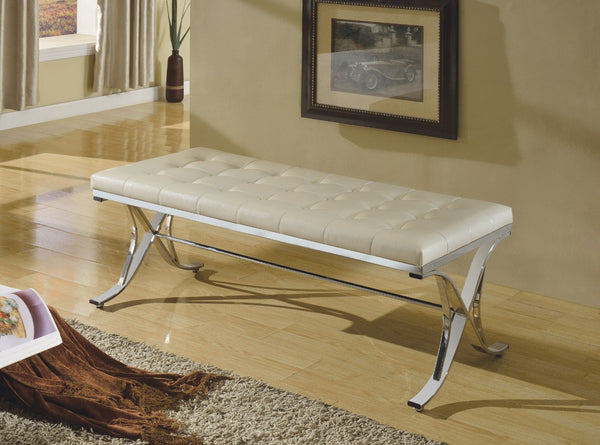 Metal Frame Bench, Beige & Silver-Accent and Storage Benches-Beige & Silver-PU FR Foam Metal-JadeMoghul Inc.