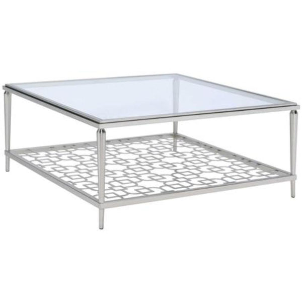 Metal Frame Coffee Table with Glass Top and Geometric shelf, Silver and Clear-Coffee Tables-Silver and Clear-Metal and Glass-JadeMoghul Inc.