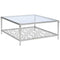 Metal Frame Coffee Table with Glass Top and Geometric shelf, Silver and Clear-Coffee Tables-Silver and Clear-Metal and Glass-JadeMoghul Inc.