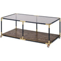 Metal Frame Coffee Table with Glass Top and Wooden Bottom Shelf, Multicolor-Coffee Tables-Multicolor-Metal Glass and Wood-JadeMoghul Inc.