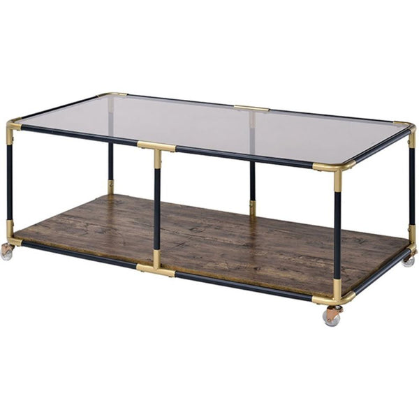 Metal Frame Coffee Table with Glass Top and Wooden Bottom Shelf, Multicolor-Coffee Tables-Multicolor-Metal Glass and Wood-JadeMoghul Inc.