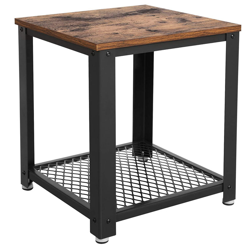 Metal Frame End Table with Wooden Top and Wide Mesh Bottom Shelf, Brown and Black-Side and End Tables-Brown and Black-Fiberboard Veneer and Angle Iron-JadeMoghul Inc.