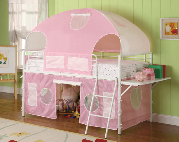 Metal Frame Fairy Tent Bunk Bed With Fabric Covering, White & Pink-Bedroom Furniture-White & Pink-Metal & Fabric-JadeMoghul Inc.