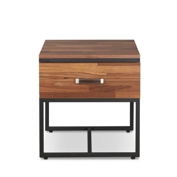 Metal Frame Rectangular End Table with Wooden Drawer, Walnut Brown and Black-Side and End Tables-Black and Brown-Wood Metal and Faux Leather-JadeMoghul Inc.