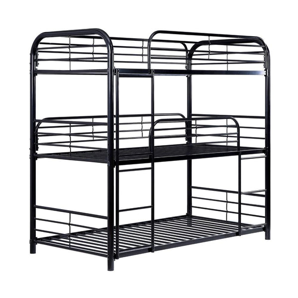 Metal Frame Three Tier Twin Size Bunk Bed with 2 Attached Ladders and Side Rails, Black-Bedroom Furniture-Black-Metal-JadeMoghul Inc.