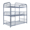 Metal Frame Three Tier Twin Size Bunk Bed with 2 Attached Ladders and Side Rails, Silver-Bedroom Furniture-Silver-Metal-JadeMoghul Inc.