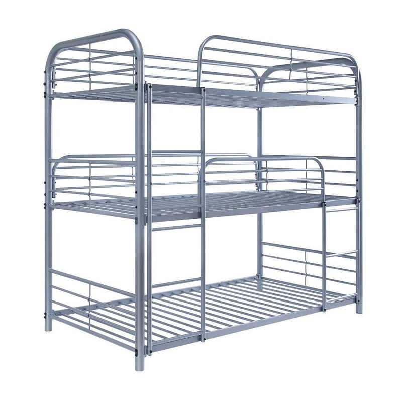 Metal Frame Three Tier Twin Size Bunk Bed with 2 Attached Ladders and Side Rails, Silver-Bedroom Furniture-Silver-Metal-JadeMoghul Inc.