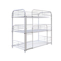 Metal Frame Three Tier Twin Size Bunk Bed with 2 Attached Ladders and Side Rails, White-Bedroom Furniture-White-Metal-JadeMoghul Inc.