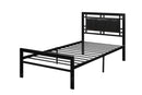 Metal Frame Twin Bed With Leather Upholstered Headboard, Black-Platform Beds-Black-Metal Faux Leather-JadeMoghul Inc.