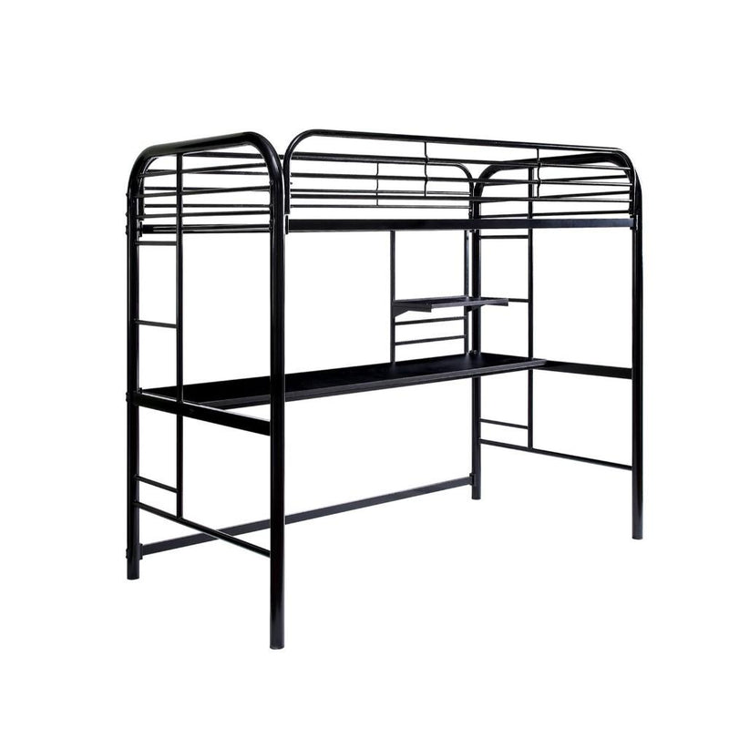 Metal Frame Twin Size Loft Bed with 2 Attached Ladders, Black-Bedroom Furniture-Black-Metal-JadeMoghul Inc.