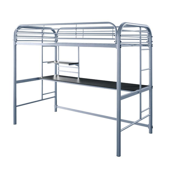 Metal Frame Twin Size Loft Bed with 2 Attached Ladders, Silver-Bedroom Furniture-Silver-Metal-JadeMoghul Inc.