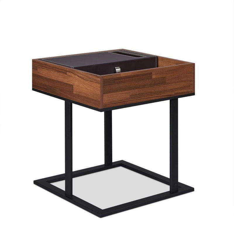 Metal Frame Wooden End Table with Open Top Compartment, Walnut Brown and Black-Side and End Tables-Black and Brown-Wood Metal and Faux Leather-JadeMoghul Inc.