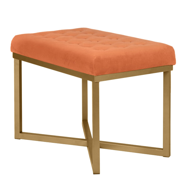 Metal Framed Bench with Button Tufted Velvet Upholstered Seat, Orange and Gold