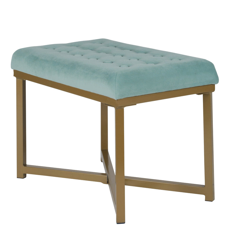 Metal Framed Bench with Button Tufted Velvet Upholstered Seat, Teal Blue and Gold