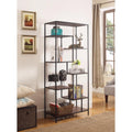 Metal Framed Bookcase With Open Shelves, Black And Brown-Book Cases-Black And Brown-Wood and Metal-JadeMoghul Inc.