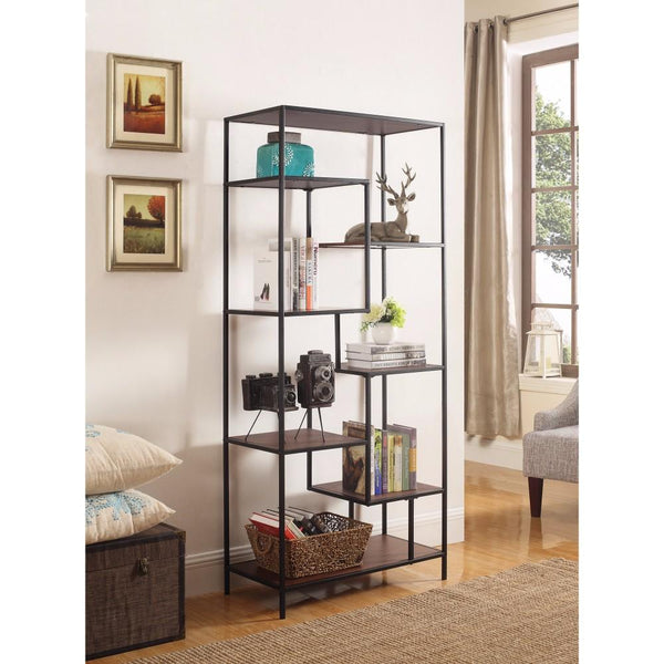 Metal Framed Bookcase With Open Shelves, Black And Brown-Book Cases-Black And Brown-Wood and Metal-JadeMoghul Inc.