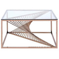 Metal Framed Coffee Table with Twisted Bar Base and Glass Top, Copper and Clear-Coffee Tables-Copper and Clear-Metal and Glass-JadeMoghul Inc.