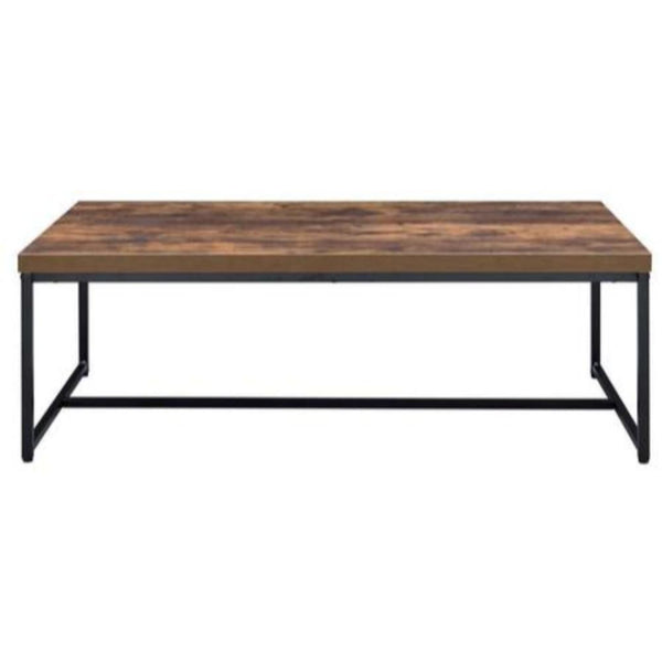 Metal Framed Coffee Table with Wooden Top, Weathered Oak Brown and Black-Coffee Tables-Brown and Black-Wood and Metal-JadeMoghul Inc.