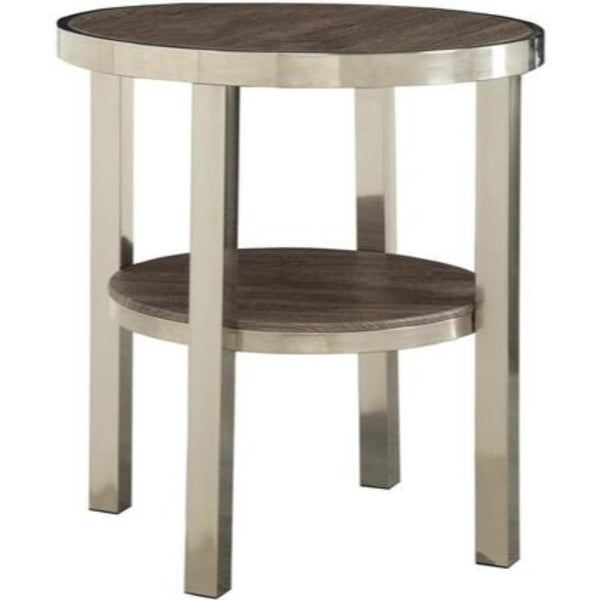 Metal Framed End Table with Wooden Top and Shelf, Walnut Brown and Silver-Side and End Tables-Brown and Silver-Wood and Metal-JadeMoghul Inc.