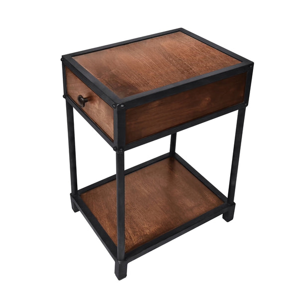 Metal Framed Mango Wood End Table with Drawer and Open Base, Brown and Black-Side and End Tables-Brown and Black-Mango Wood and Metal-JadeMoghul Inc.