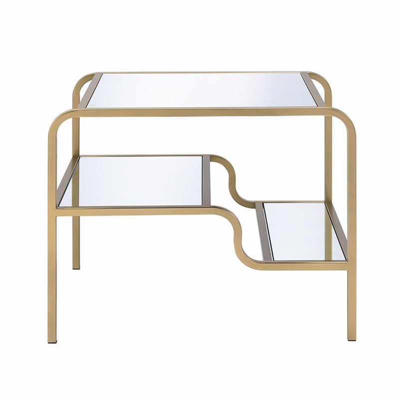 Metal Framed Mirror End Table with Tiered Shelves, Gold and Clear-Side and End Tables-Gold and Clear-Metal and Mirror-JadeMoghul Inc.