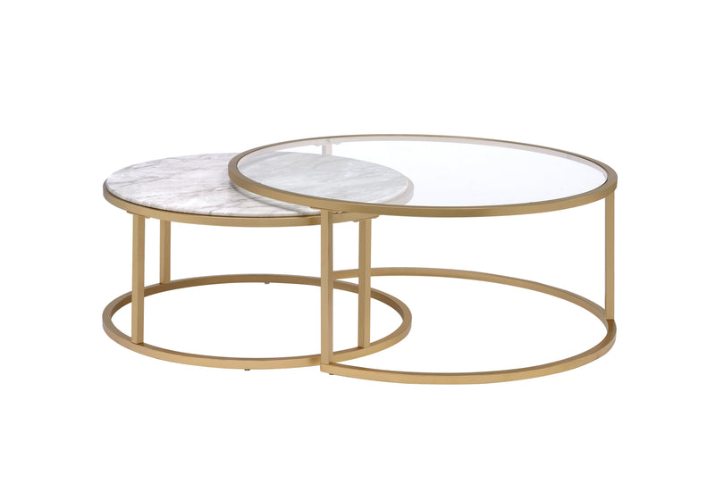 Metal Framed Nesting Coffee Tables with Glass and Marble Tops, Set of Two, Gold-Coffee Tables-Gold-Glass Faux Marble and Metal-JadeMoghul Inc.