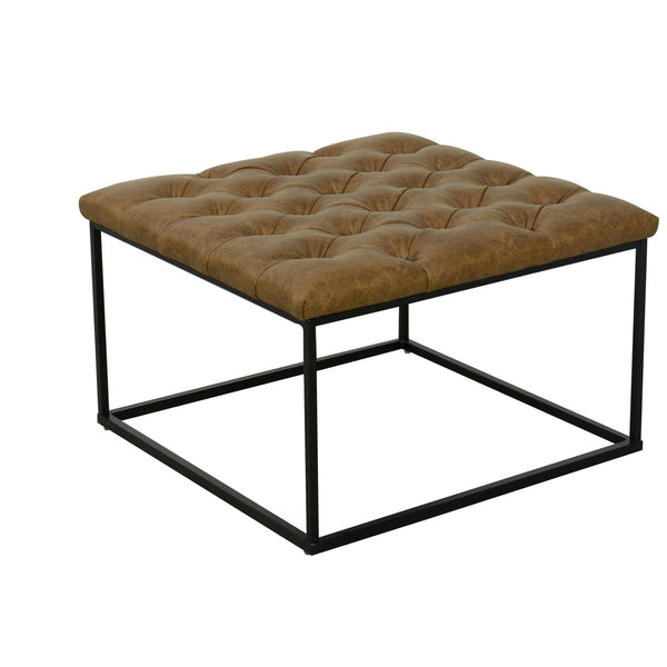 Metal Framed Ottoman with Faux Leather Upholstered Button Tufted Seat, Brown and Black