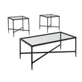 Metal Framed Table Set with Glass Top and Cross Bar Stretcher, Set of Three, Black and Clear-Accent Tables-Black and Clear-Metal-JadeMoghul Inc.