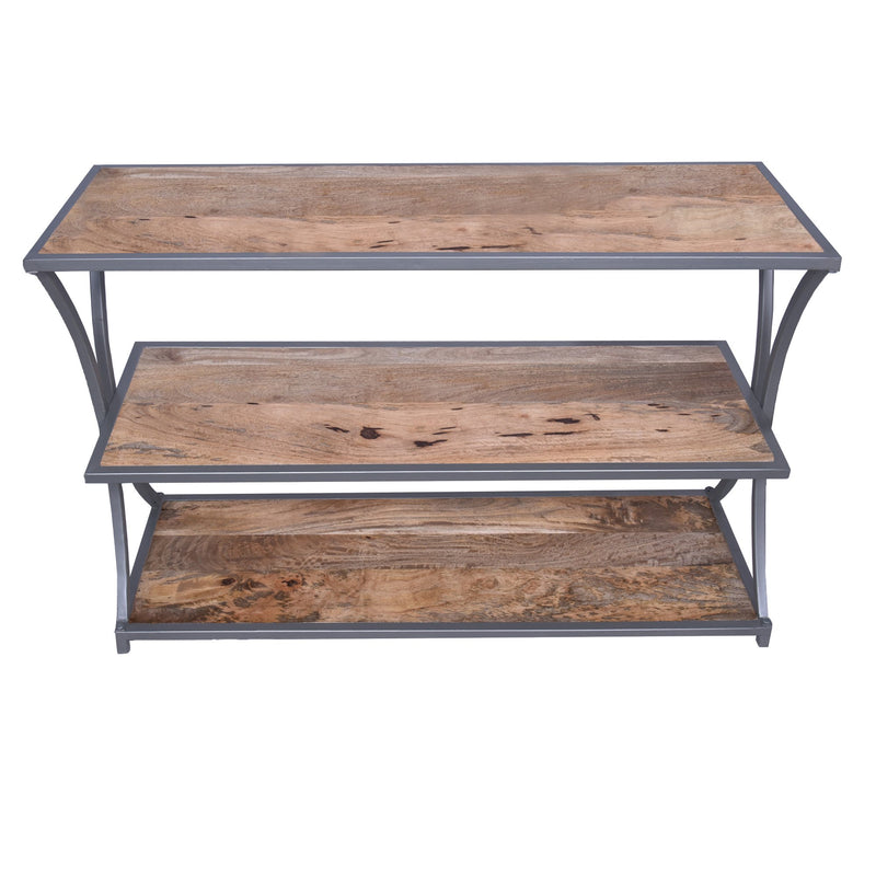 Metal Framed Three Tier Console Table with Mango Wood Shelves, Brown and Gray-Console Tables-Brown and Gray-Mango Wood and Metal-JadeMoghul Inc.