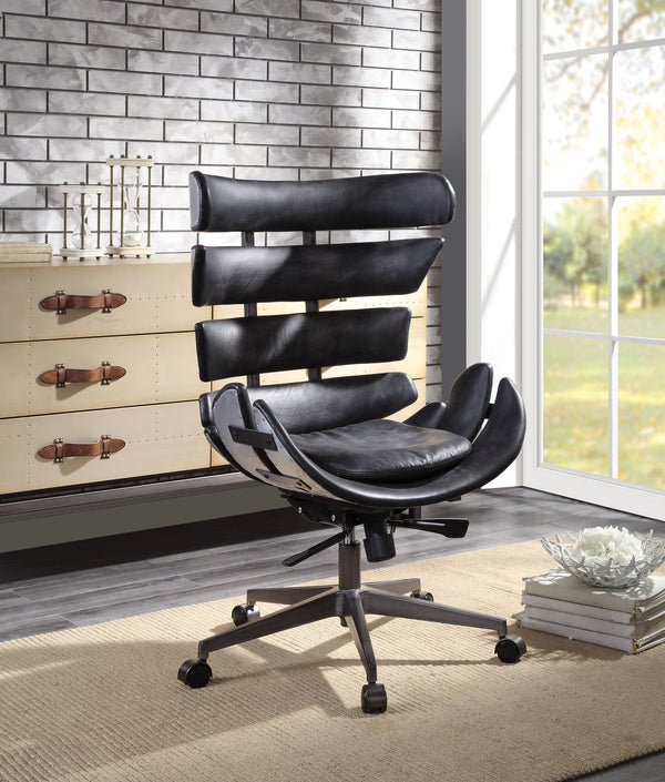 Metal Framed Wingback Office Chair with Leatherette Upholstered Horizontal Panels, Black and Gray-Office Chairs-Black and Gray-Aluminum, Metal, Faux Leather, Engineered Wood-JadeMoghul Inc.