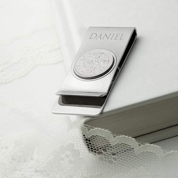 Metal Gifts & Accessories Personalised Gifts Silver Plated Lucky Sixpence Money Clip Treat Gifts