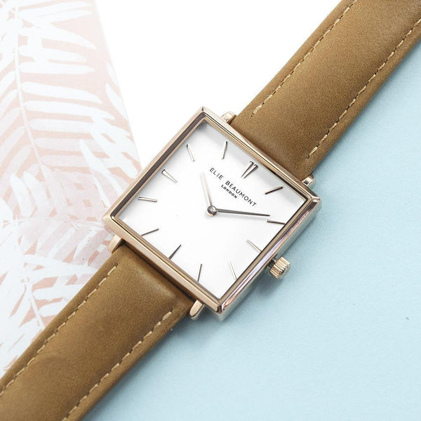 Metal Gifts & Accessories Personalized Watches  Tan Square Leather Watch Treat Gifts