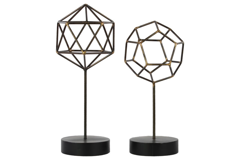 Metal Hexagonal Abstract Sculpture On Round Stand, Set of 2, Gunmetal Gray-Sculptures-Gray-Metal-JadeMoghul Inc.