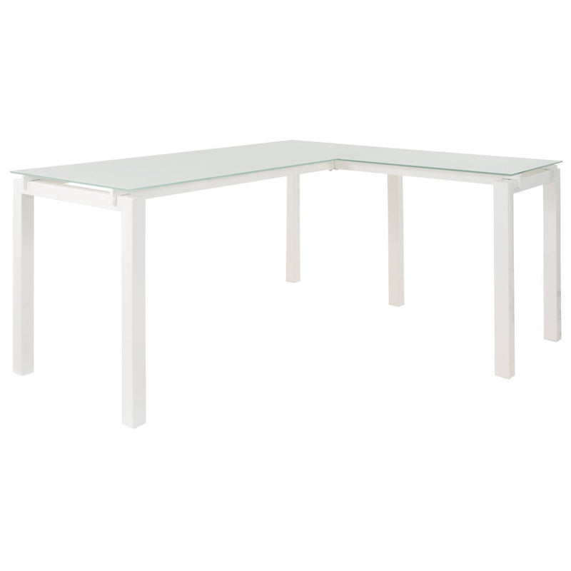Metal L Shape Desk with Frosted Glass Top and Block Legs, White-Desks-White-Metal-JadeMoghul Inc.