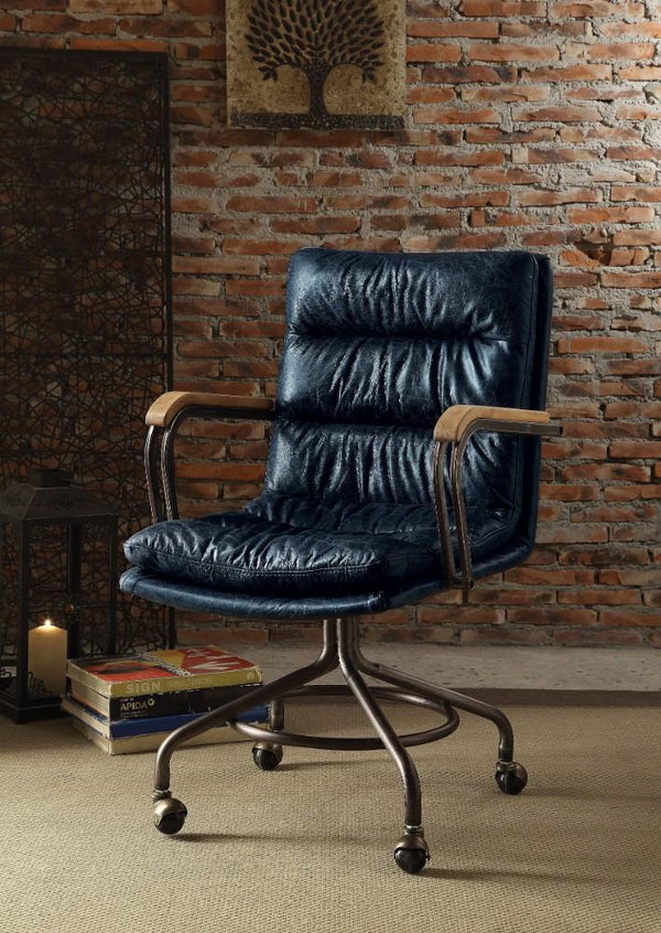 Metal & Leather Executive Office Chair, Vintage Blue-Desks and Hutches-Vintage Blue Leather-Top Grain Leather Foam Ply Iron Metal Frame-JadeMoghul Inc.