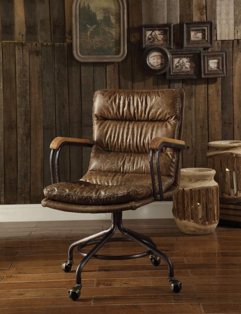 Metal & Leather Executive Office Chair, Vintage Whiskey Brown-Desks and Hutches-Brown-Top Grain Leather Foam Ply Iron Metal Frame-JadeMoghul Inc.