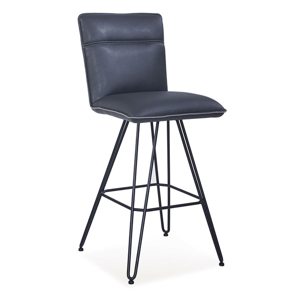 Metal Leather Upholstered Bar Height Stool with Hairpin Style Legs, Blue and Black