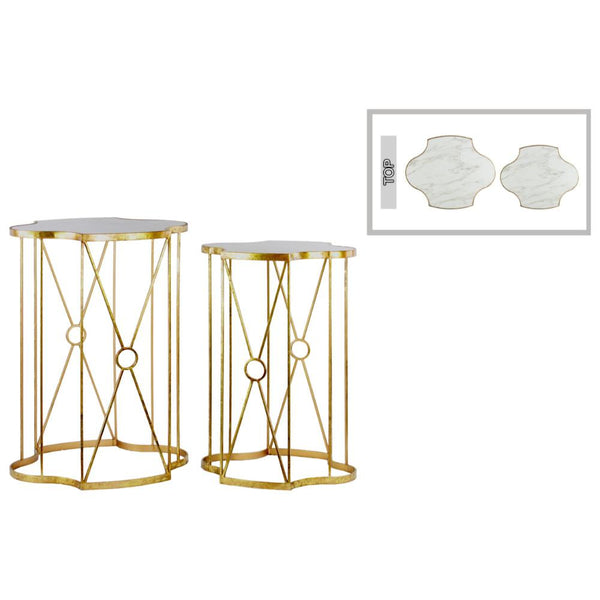 Metal Nesting Table With Wooden Top, Set of 2, Gold-Accent Tables-Gold-Wood and Metal-Coated Gold-JadeMoghul Inc.