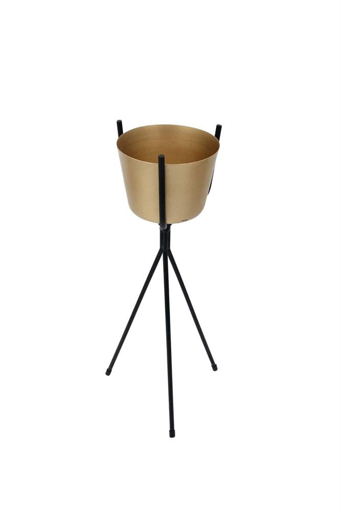 Metal Planter On Stand, Gold And Black-Outdoor Pots and Planters-Gold And Black-Metal-JadeMoghul Inc.