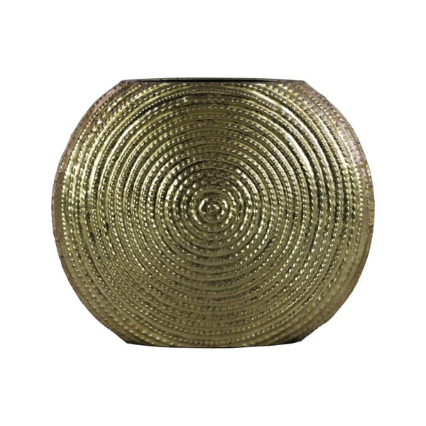 Metal Round Vase with Embedded Design on Body, Gold-Vases-Gold-Metal-JadeMoghul Inc.