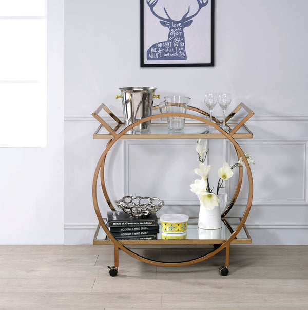 Metal Serving Cart with Mirrored Open Shelf and Tubular Angled Handles, Gold and Clear