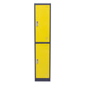 Metal Storage Locker Cabinet with Two Storage Compartments and Key Lock Entry, Yellow and Gray-Cabinet and Storage Chests-Yellow and Gray-Metal-JadeMoghul Inc.