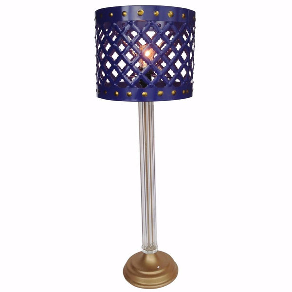 Metal Table Lamp With Cutout Patterned Drum Shade, Blue-Table Lamps-Blue-METALPVCCRYSTAL-JadeMoghul Inc.