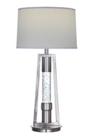 Metal Table Lamp with Fabric Drum Shade and LED Glass Cylinder, Silver and White-Table & Desk Lamps-Silver and White-Metal, Glass and Fabric-JadeMoghul Inc.