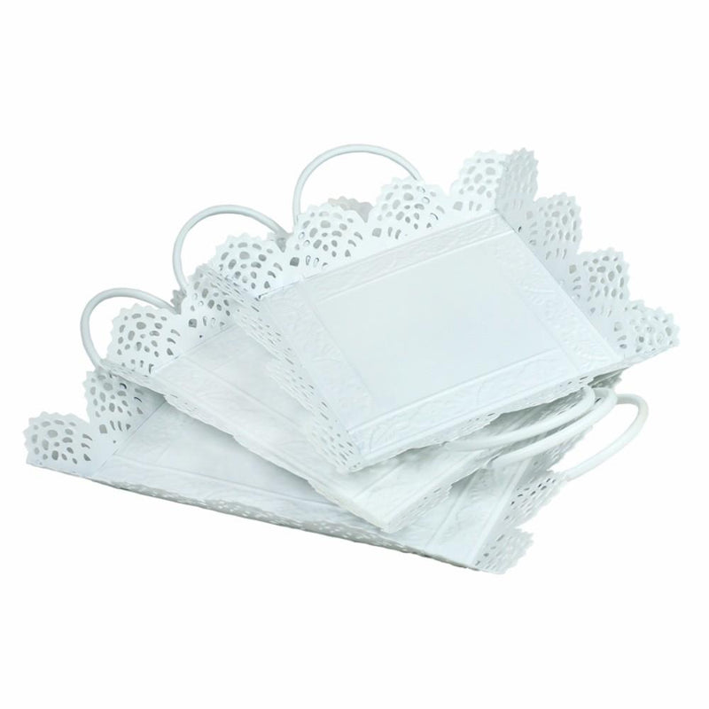 Metal Tray With Cutout Design, Set Of 3, White-Serving Trays-White-Metal-JadeMoghul Inc.