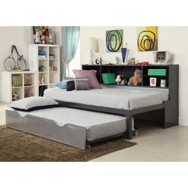 Metal Twin Bed with Bookcase and Rollout Trundle, Black and Silver-Bedroom Furniture-Black and Silver-Metal Veneer and Engineered Wood-JadeMoghul Inc.