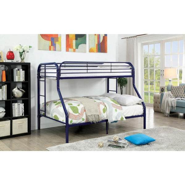 Metal Twin Over Full Bunk Bed with Attached Side Rails And Side Ladders, Blue-Bedroom Furniture-Blue-Metal-JadeMoghul Inc.