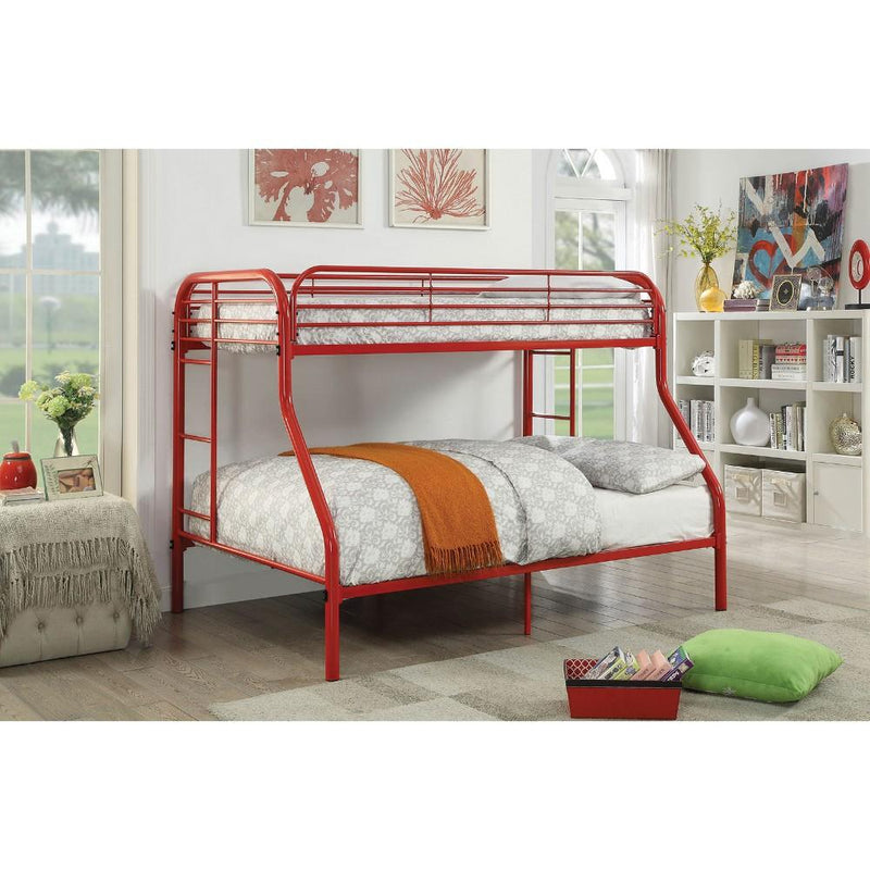 Metal Twin Over Full Bunk Bed with Attached Side Rails And Side Ladders, Red-Bedroom Furniture-Red-Metal-JadeMoghul Inc.